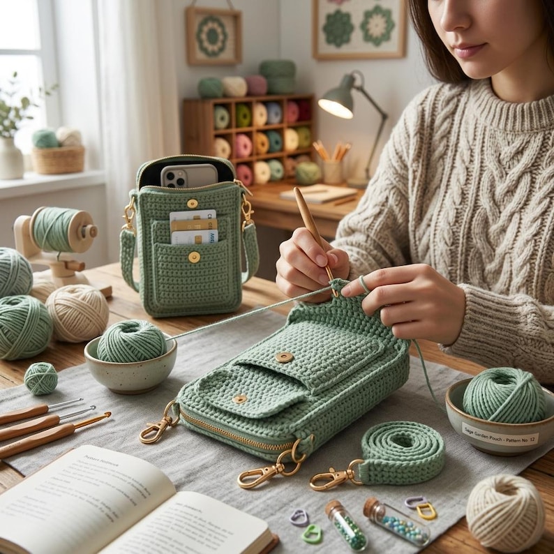 May include: A sage green crocheted crossbody bag featuring a rectangular main compartment, a front pocket with a gold-tone snap closure, and a detachable matching strap. The bag is crafted with a dense stitch pattern and includes gold-tone hardware.