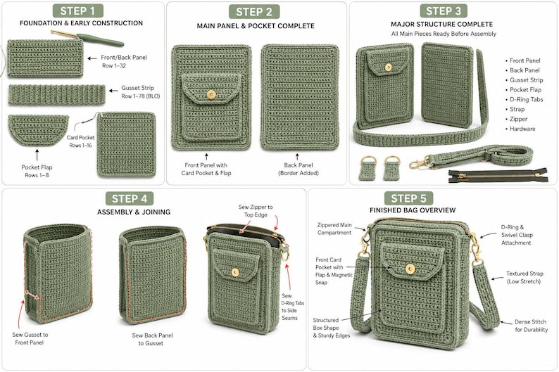 May include: A five-step instructional guide for crocheting a sage green crossbody bag. The visual tutorial displays individual panels, gussets, straps, and hardware, illustrating the assembly process from initial foundation rows to the final finished bag.