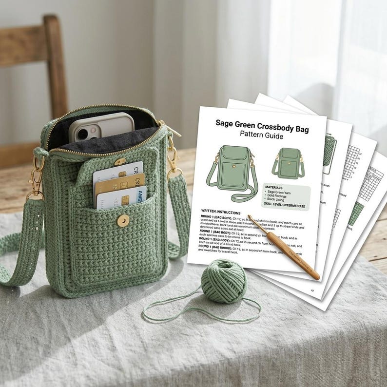 May include: A sage green crocheted crossbody bag with a front pocket containing credit cards, a smartphone inside, and a gold-tone snap closure. Beside it lies a ball of matching yarn, a wooden crochet hook, and a printed pattern guide titled Sage Green Crossbody Bag Pattern Guide.