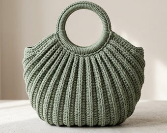 Crochet Ribbed Shell Bag Pattern PDF | Round Handle Tote | BLO Rib Stitch Purse | Easy Beginner Crochet Bag Download