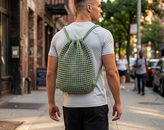 Sage Green Crochet Mesh Drawstring Backpack | Handmade Knit Net Bag | Boho Cotton Gym Sack | Eco Beach Bag | Aesthetic Cottagecore Backpack