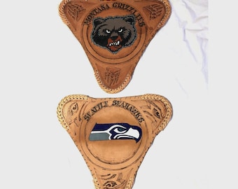 Vintage Hand-Tooled Leather Stool Seat Cover: Seahawks or Grizzlies Fan Gear