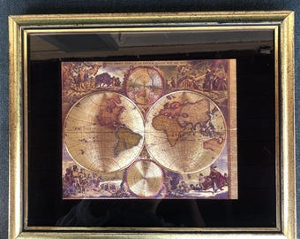 Vintage goudfolie wereldkaart Frederick de Wit "Nova Orbis Tabula" ingelijst 13 x 15,5"