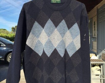 Vtg 90s LYLE & SCOTT Argyle Wool Sweater - Sleeve Logo - NZ Made - L