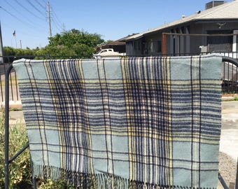 Vtg Carldyke 100% Virgin Wool Plaid Lap Blanket 50x36 Woven Double-Faced Blue MC
