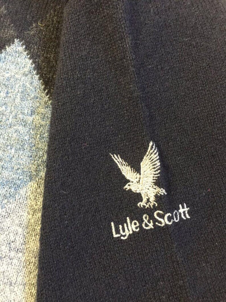 Sweter z wełny lyle & scott argyle z lat 90. z logo na rękawie, wyprodukowany w Nowej Zelandii, rozmiar L zdjęcie 5