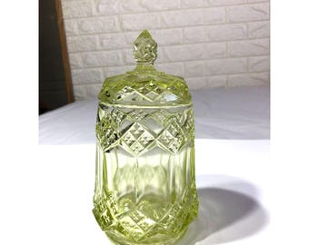 Vintage Imperial Glass Three In One Lidded Candy Biscuit Cookie Jar Yellow Topaz