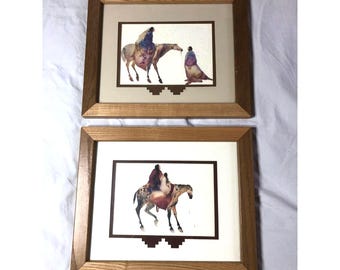 Vtg Carol Grigg Framed Art Print Set Southwestern Native American Horse 9.5x11.5