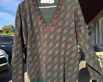 Vtg 90s CROSSINGS Fine Line 100% Cotton V-Neck Sweater - Made in USA - Large