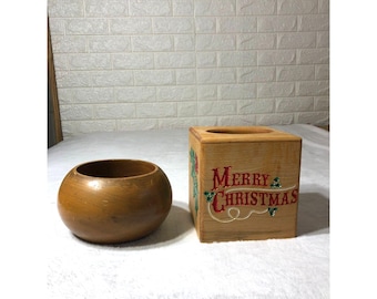Juego de 2 cajas de pañuelos navideñas de madera vintage de 15 cm y cuenco torneado de 18 cm. Decoración estilo cottagecore.