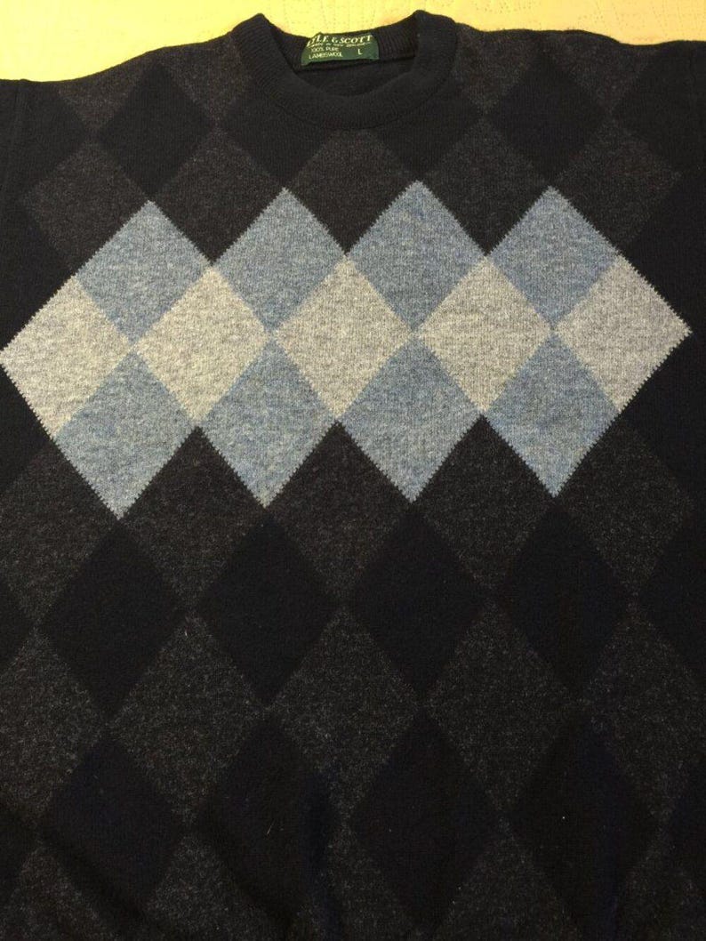 Sweter z wełny lyle & scott argyle z lat 90. z logo na rękawie, wyprodukowany w Nowej Zelandii, rozmiar L zdjęcie 9