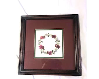 Vintage 90 Signed Abigail Pressed Flower Wreath Framed Art Cottagecore Botanical