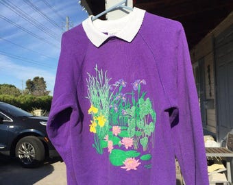 Vtg 90s MORNING SUN Floral 3D Puff Print Collared Sweatshirt - Made in USA - L