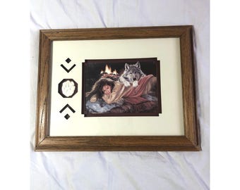 Vtg 90s Maija Night Watch Framed Art Print Signed Matted Southwestern Wolf Decor