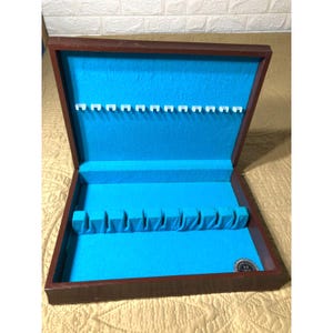 Vintage70s International Silver Wood Flatware Chest Box Aqua Felt Tarnish Resist