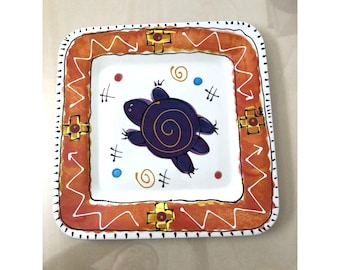 Vtg Artables Canada Hand Painted Ceramic Platter Whimsical FolkArt Turtle Signed