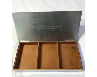 Vtg Quaker State Oil Refining Corp Metal Desk Trinket Box Wood Lining MCM Etched