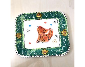 Vtg Artables Canada Hand Painted Ceramic Platter Whimsical Folk Art Dog Signed