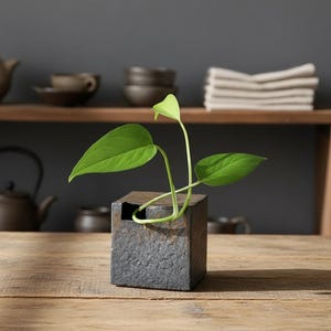 Può includere: Un vaso quadrato in ceramica grigio scuro con una superficie ruvida e usurata, dotato di una piccola apertura nell'angolo superiore. Una pianta di pothos verde con tre foglie a forma di cuore emerge dal vaso, arcuandosi sul bordo.