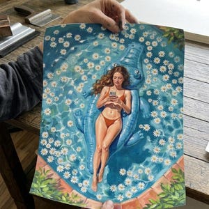 Girl on Pool Float Painting, Summer Aesthetic Wall Art, Daisy Pool Acrylic Poster, Preppy Dopamine Decor, Unbothered Girl Chill Print