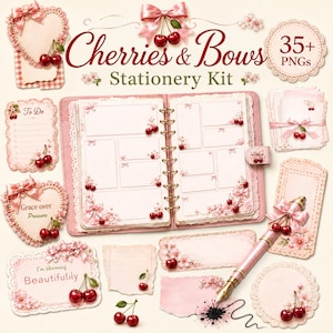 以下が含まれることがあります： 「Cherries & Bows Stationery Kit」と題された35以上のPNGファイルを含むデジタルステーショナリーキット。ピンクのリングバインダー、ハート型のメモカード、長方形のタグ、万年筆が含まれており、すべてサクランボとリボンのモチーフで装飾されています。