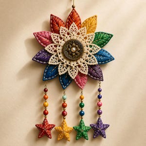 May include: A hanging wall ornament featuring a central bronze-toned circular medallion surrounded by a cream-colored lace flower. The flower is layered with multi-colored fabric leaves and four dangling strands of beads ending in fabric stars.