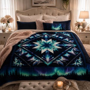 Puede incluir: Una cama está hecha con un edredón azul oscuro con un diseño de estrella geométrica en tonos turquesa y blanco. El edredón tiene una escena de bosque en la parte inferior. La cama está adornada con almohadas en azul marino, rosa y una almohada con un diseño de aurora boreal.