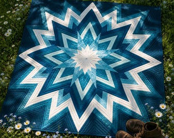 Oceanic Swell Lone Star Quilt, Coastal Gradient Bedding, 60x60 Wall Hanging