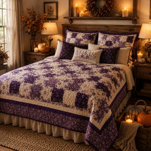 May include: A cozy bedroom scene featuring a bed with a purple and cream patchwork quilt and matching pillows. The bed is adorned with a ruffled bed skirt. The room is decorated with fall-themed accents, including pumpkins and candles, creating a warm and inviting atmosphere.