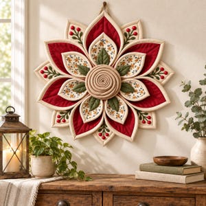 May include: A circular fabric wall hanging featuring a layered flower design with deep red quilted petals, cream-coloured borders, and inner sections of floral print fabric. The centre is a coiled beige fabric spiral with green leaf accents.