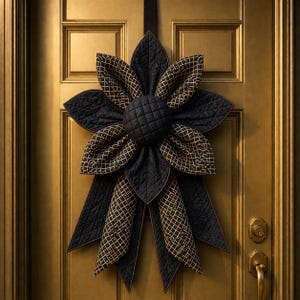 May include: A large, decorative bow in black fabric with a gold geometric pattern, hanging on a gold door. The bow has a quilted texture and a central, rounded knot. The door has a handle and a keyhole.