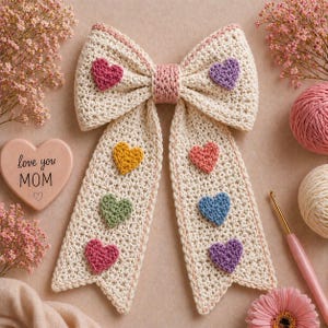 May include: A cream-colored crochet bow with pink trim and colorful heart appliqués. The bow has a pink center and long, flowing tails. A heart-shaped plaque with the text "love you MOM" is also present.
