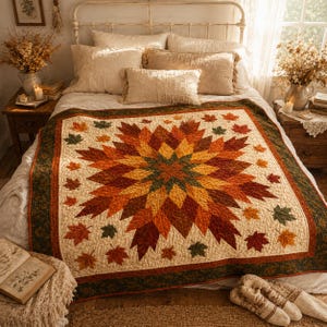 Peut inclure: Une couverture matelassée avec un motif central en forme d'étoile en nuances d'orange, de jaune et de vert, ornée de motifs de feuilles. La couverture a une bordure vert foncé et repose sur un lit avec des oreillers crème.
