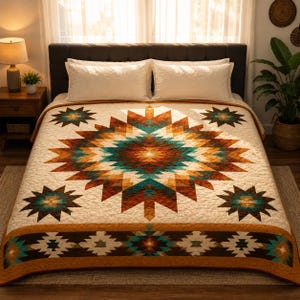 May include: A beige quilt with a geometric starburst design in shades of brown, teal, and orange. The quilt features a border with a repeating pattern and is placed on a bed with white pillows.