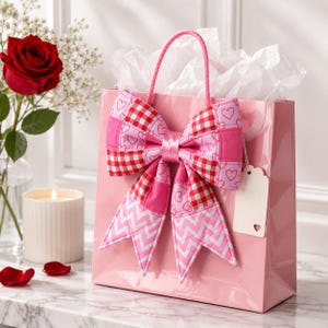 Peut inclure: Un sac cadeau rose avec un grand nœud décoratif. Le nœud présente un motif patchwork avec des cœurs, du vichy rouge et des motifs en chevrons. Une étiquette vierge avec une découpe en forme de cœur est suspendue au sac. Une rose rouge et une bougie sont en arrière-plan.