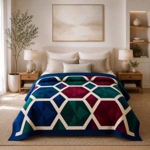 Hexagon Sashing Quilt Pattern PDF, Queen Size Geometric Quilt Tutorial, Modern Patchwork Quilt Sewing Pattern, Beginner Guide