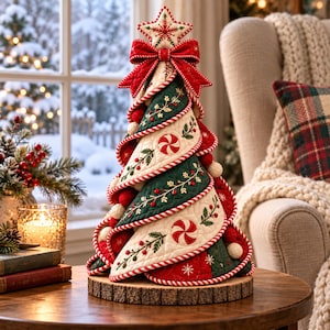 May include: A quilted fabric Christmas tree decoration featuring spiralling layers of red, dark green, and cream fabric with embroidered sprigs, peppermint candy motifs, and red pom-poms. A large red bow sits at the top below a star-shaped topper.