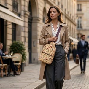 May include: A beige crossbody bag with a floral pattern featuring red, orange, and green flowers. The bag has a dark brown zipper closure and a dark purple adjustable strap, worn over a tan trench coat, a white button-down shirt, and gray trousers.