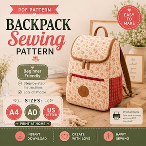 Könnte beinhalten: Ein digitales PDF-Schnittmuster für einen Rucksack mit Blumenmuster, roten Karostoff-Seitenteilen und braunen Trägern. Der Text enthält "PDF PATTERN BACKPACK Sewing PATTERN", "Beginner Friendly", "SIZES: A4, A0, US LETTER" und "EASY TO MAKE".