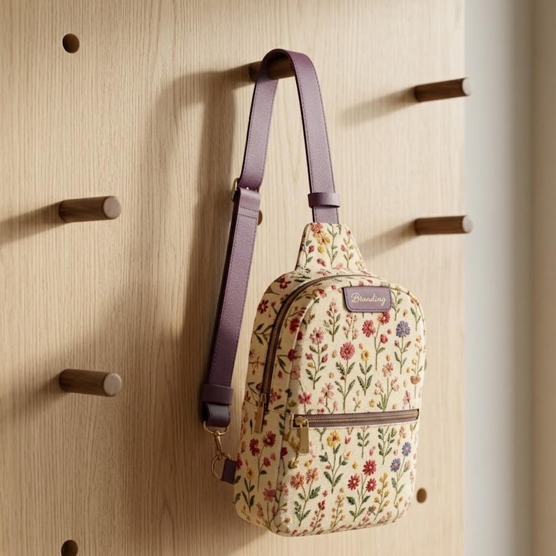 May include: A sling backpack featuring a cream-colored fabric with a multi-colored floral pattern of small red, pink, yellow, and blue flowers. It has a purple adjustable strap, gold-tone zippers, and a rectangular patch with the text Branding.