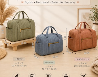 May include: Three quilted duffel bags in olive green, blue, and terracotta. The bags feature top handles, side pockets, and front zippered compartments. Dimensions are labeled: Large 23x13x31 cm, Medium 18x18x30 cm, and Large Plus 20x20x33 cm.