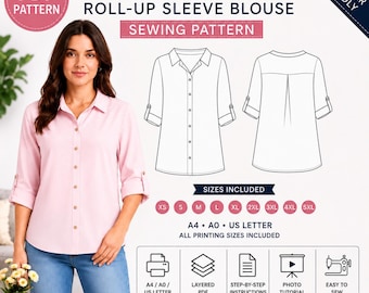 May include: A digital sewing pattern for a roll-up sleeve blouse. The image displays a light pink button-down shirt, a technical line drawing of the front and back, and text including "WOMEN'S ROLL-UP SLEEVE BLOUSE" and "SIZES INCLUDED XS-5XL".