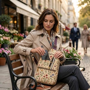 May include: A beige trench coat worn over dark trousers, paired with a floral print backpack featuring a front zippered pocket. The backpack contains a black smartphone and two metallic pens in the outer sleeve, with a purple adjustable strap.