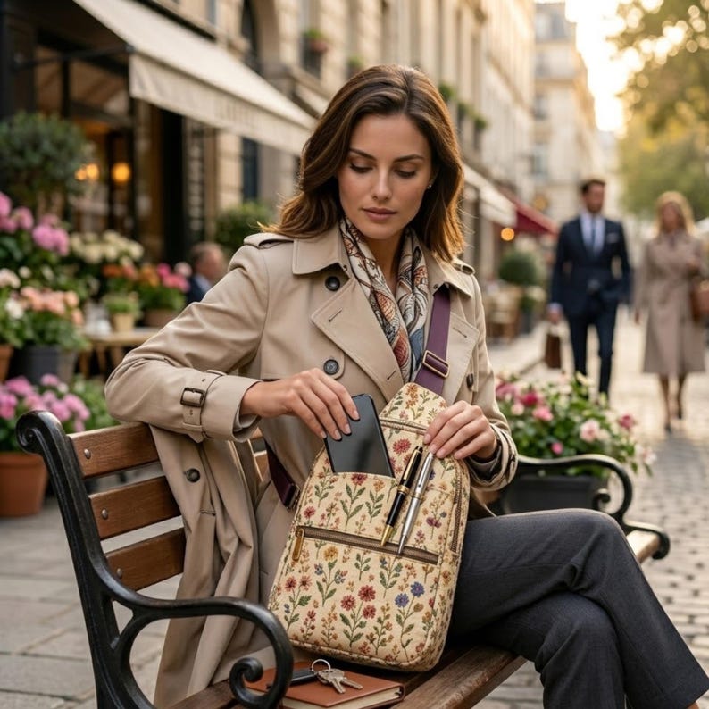 May include: A beige trench coat worn over dark trousers, paired with a floral print backpack featuring a front zippered pocket. The backpack contains a black smartphone and two metallic pens in the outer sleeve, with a purple adjustable strap.
