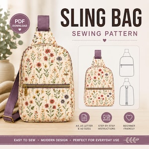 May include: A sling bag sewing pattern featuring a cream-colored fabric with a floral print of red, yellow, and purple flowers. The bag has a purple strap, a front zippered pocket, and includes PDF download, A4, US letter, and A0 size options.