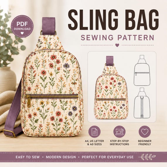 Sling Bag Sewing Pattern PDF | Crossbody Bag Pattern | Easy Beginner Sling Bag | A4 Printable Sewing Pattern | DIY Zipper Bag