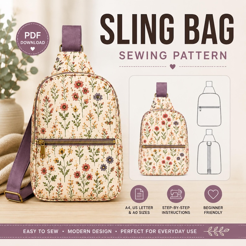 Modern sling bag sewing pattern featuring an adjustable crossbody strap, multiple zipper pockets, organizer compartments, and a stylish everyday design. Printable A4 PDF sewing template with step-by-step instructions for creating a functional handmade bag.