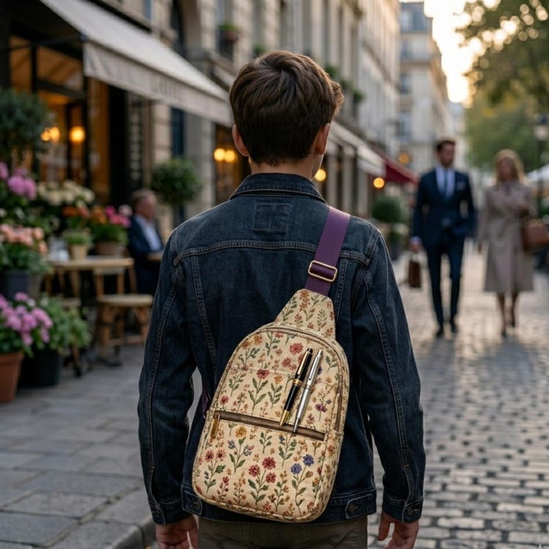 May include: A beige sling backpack featuring a colorful floral pattern with red, yellow, and blue flowers. The bag has a purple strap with a gold-tone buckle and a front zippered pocket containing two pens, one black and one silver, clipped to the exterior.