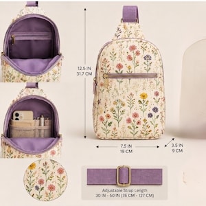 May include: A cream-colored sling backpack with a colorful wildflower print, featuring a purple interior, a front zippered pocket, and an adjustable strap. Dimensions are 12.5 inches by 7.5 inches by 3.5 inches, with a strap length of 30 to 50 inches.