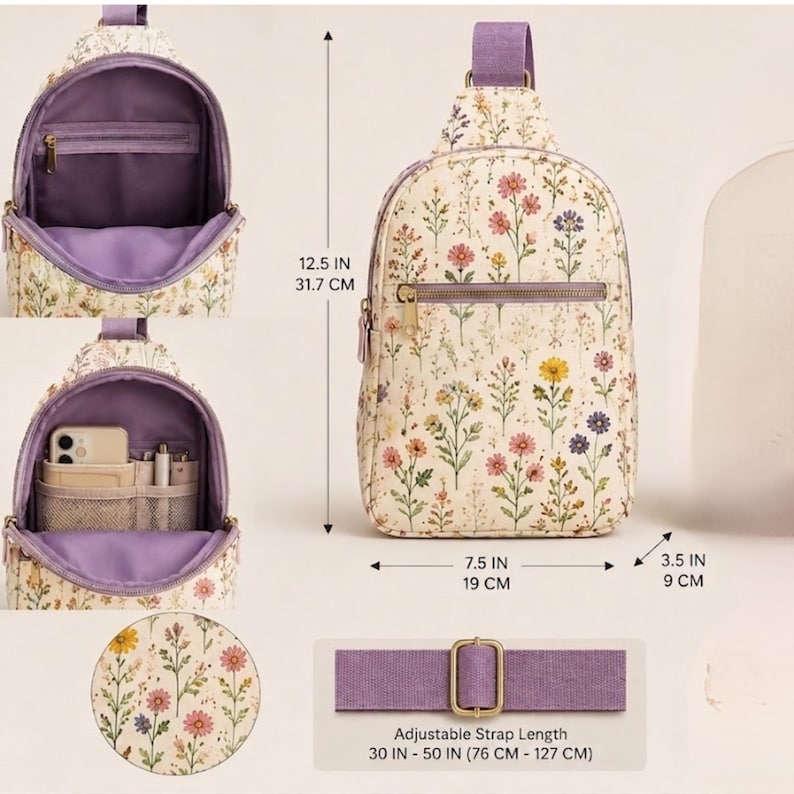 May include: A cream-colored sling backpack with a colorful wildflower print, featuring a purple interior, a front zippered pocket, and an adjustable strap. Dimensions are 12.5 inches by 7.5 inches by 3.5 inches, with a strap length of 30 to 50 inches.